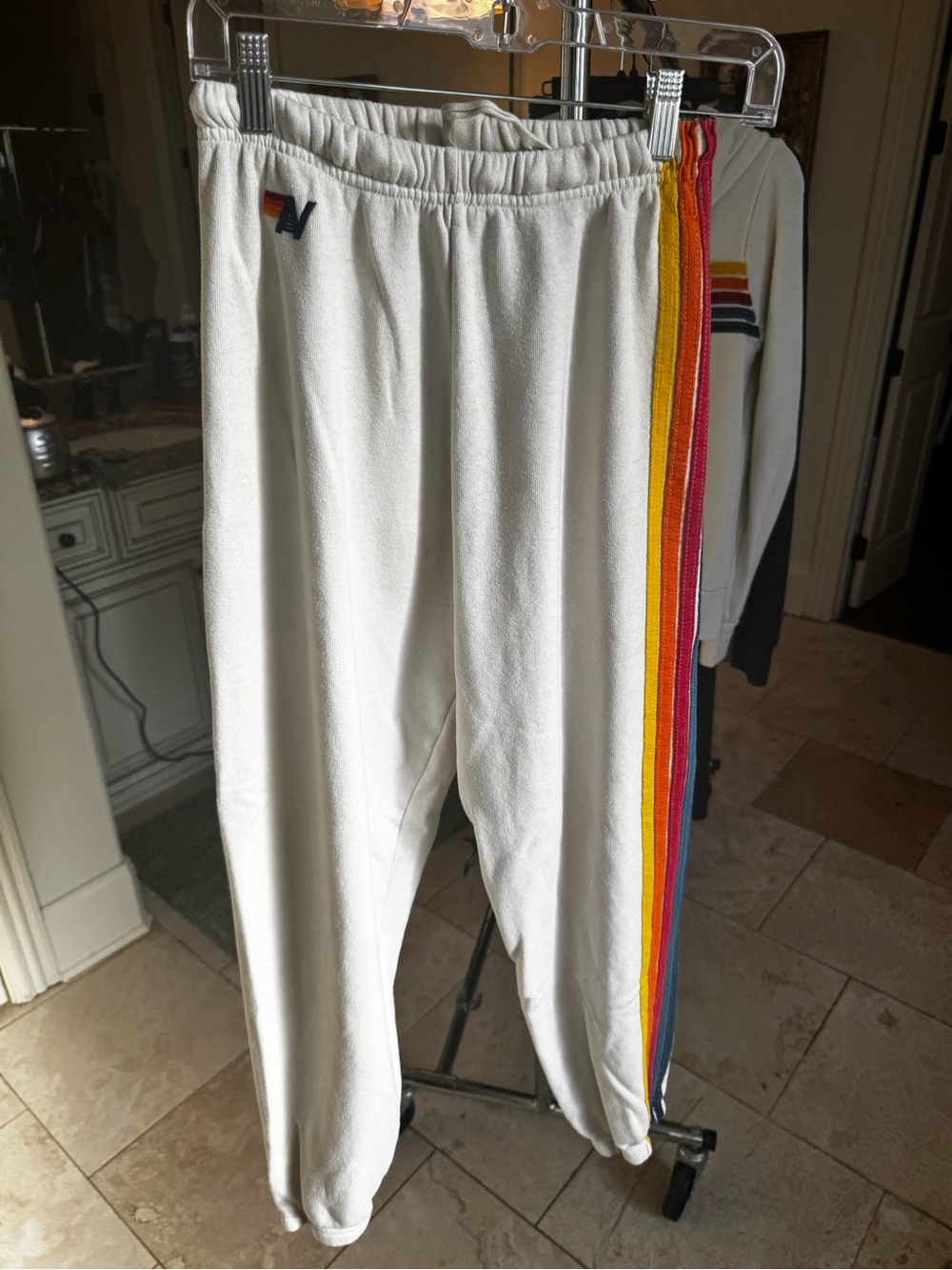 Used Aviator Nation Off-White Track Joggers with rainbow Side Stripes